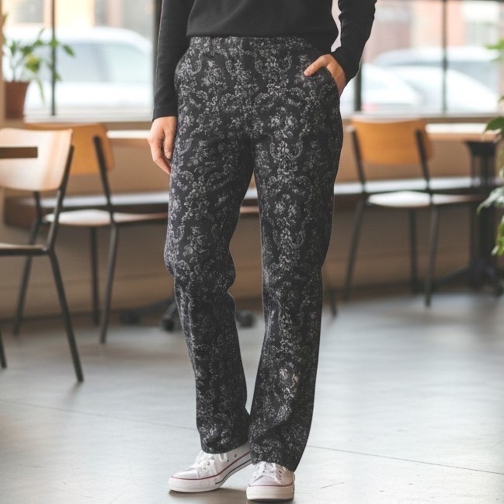 Isaac Mizrahi Live Pants Womens 16P Black Damask Floral Stretch Petite Baroque